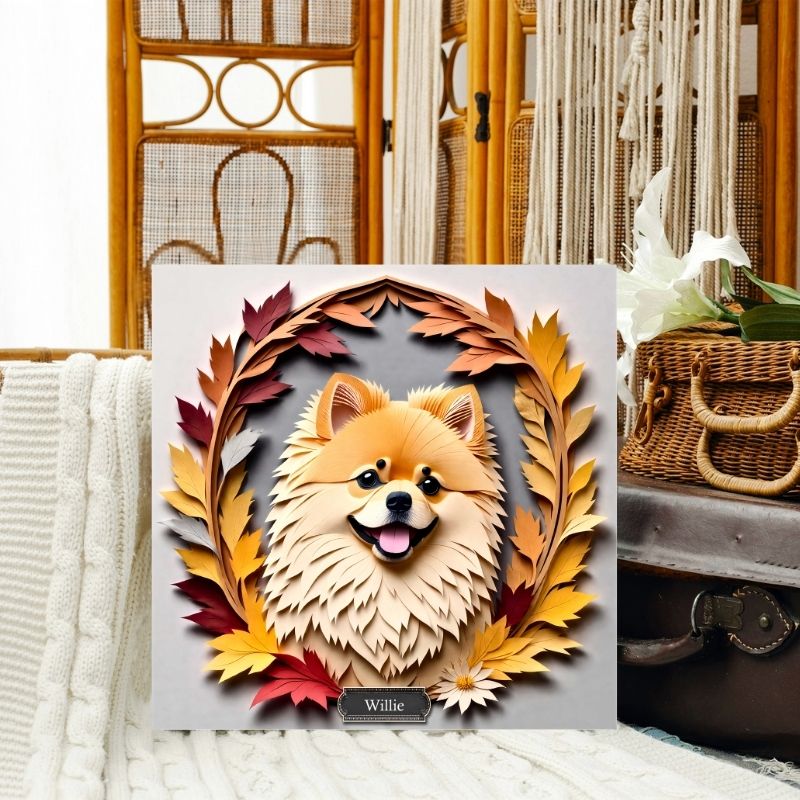 Fluffy Pomeranian with Autumn Leaves Canvas Wall Art - Personalized Faux Papercut Style Print