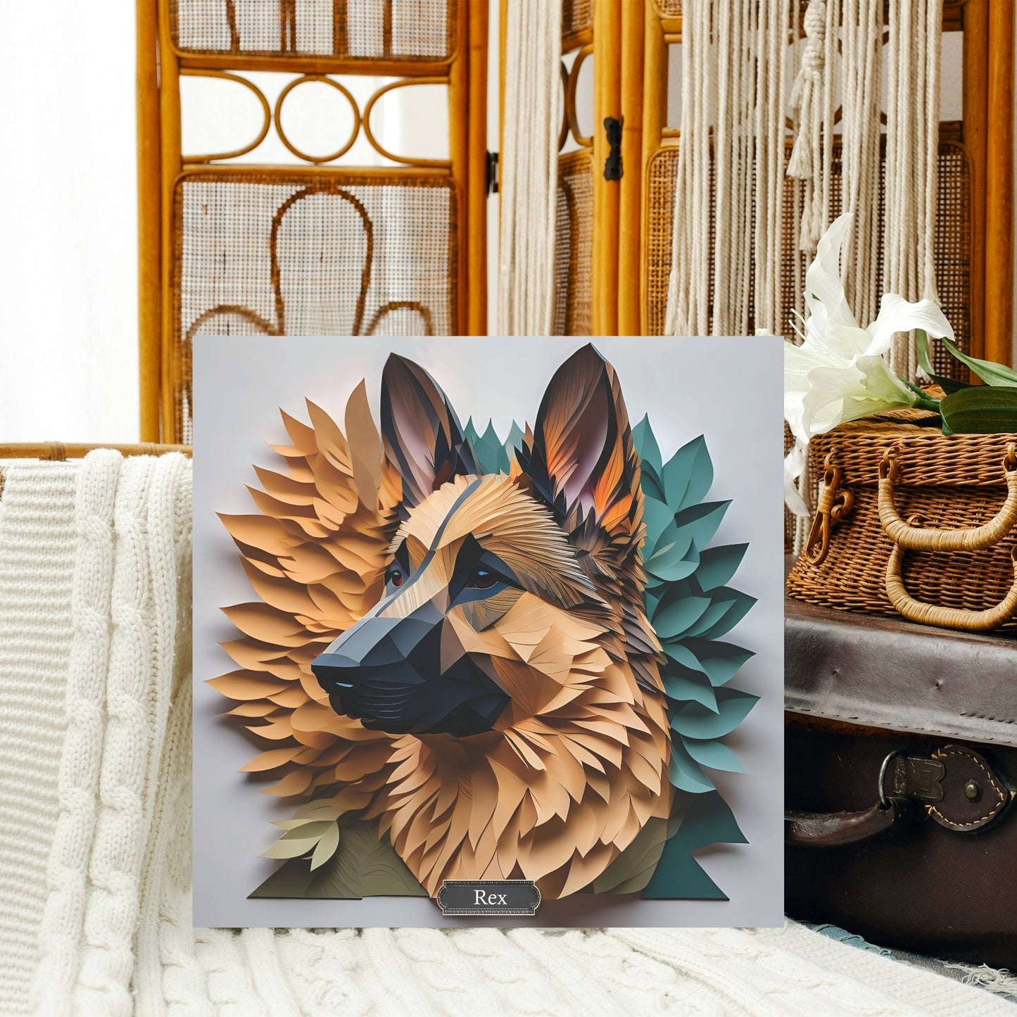 German Shepherd Memorial Portrait - 3D Illusion Art with Name Personalization,