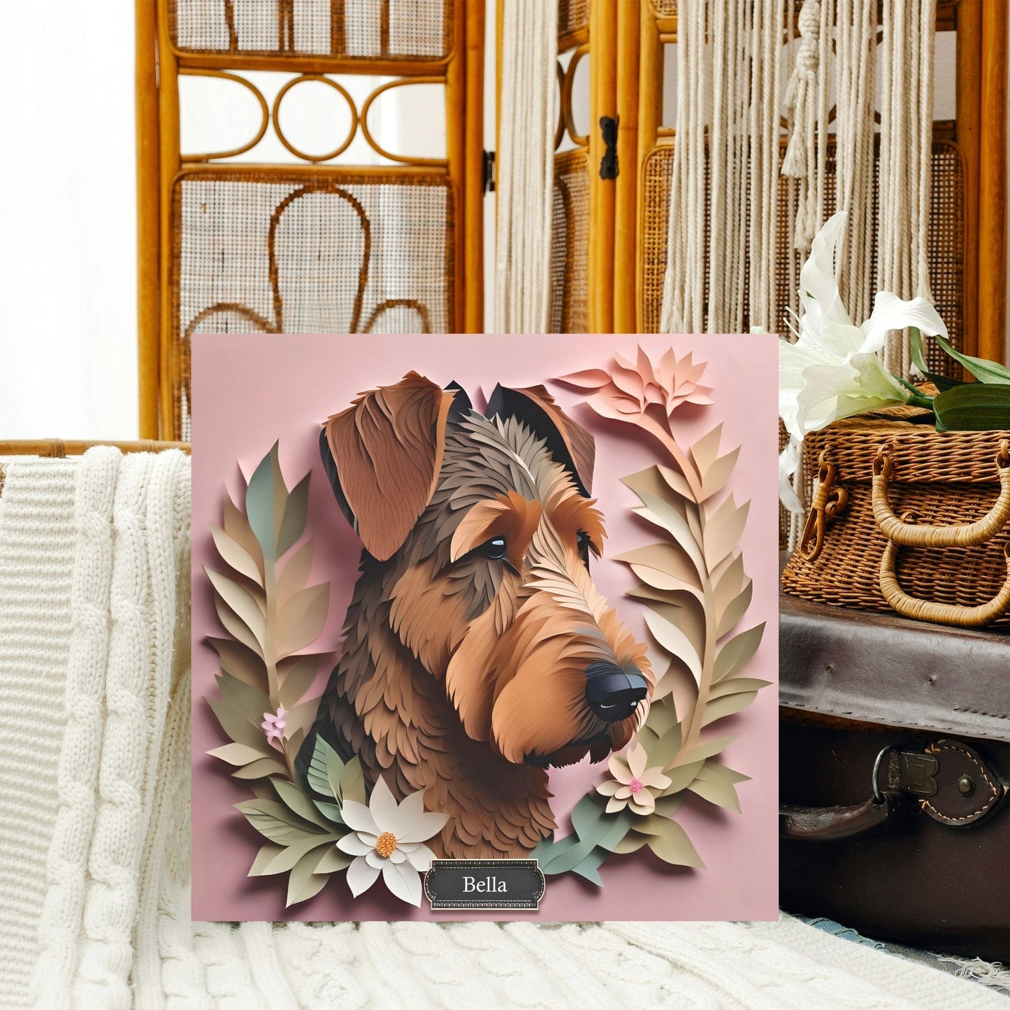 Airedale Terrier Floral 3D Illusion Portrait on Pink Background