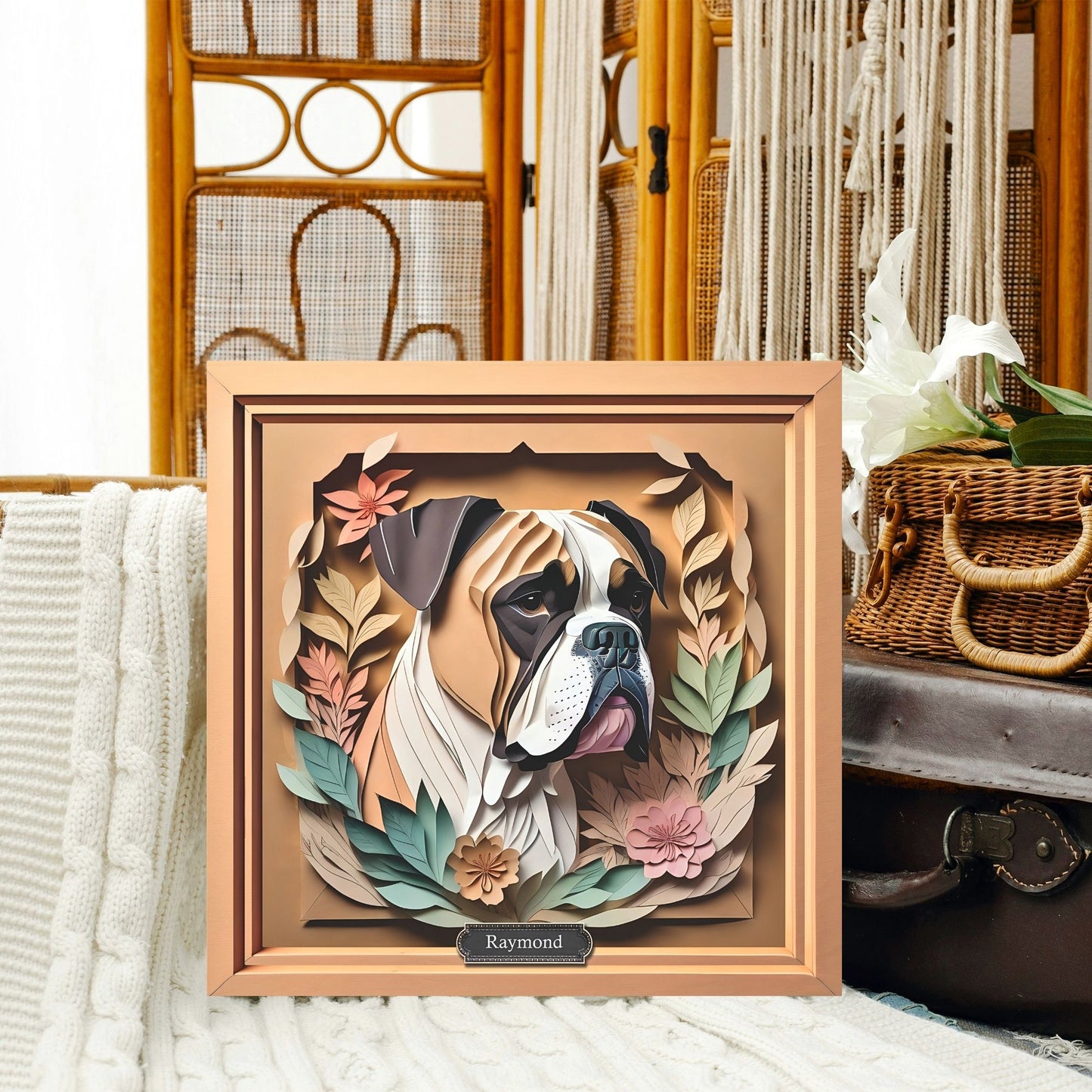 Boxer Portrait in Pastel Leaves - Vintage Papercut Imitation Design