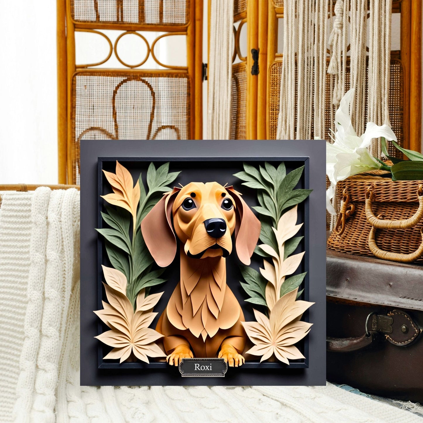 Brown Dachshund Floral Frame Wall Art - 3D Illusion Dog Portrait Canvas