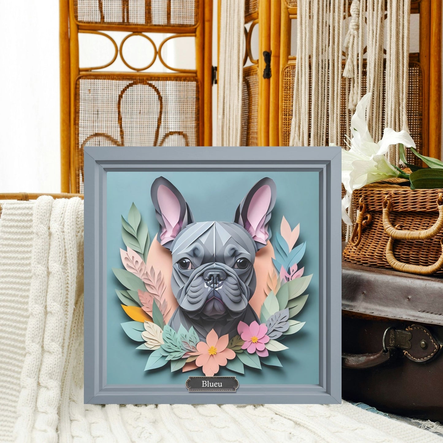 Blue French Bulldog Portrait - Vintage Papercut Imitation Dog Lover Wall Art