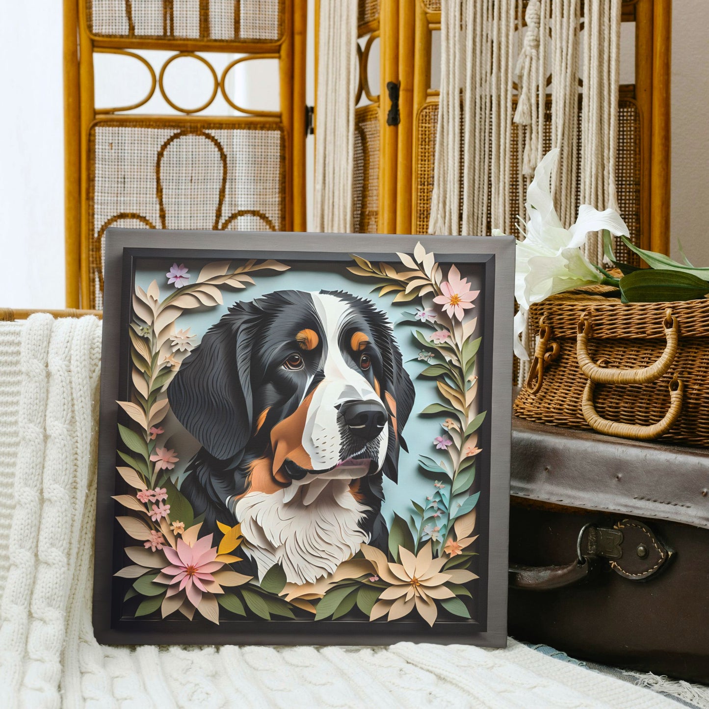 Serene Blossom Bernese Mountain Dog Canvas - Papercut Imitation Wall Art for Modern Home