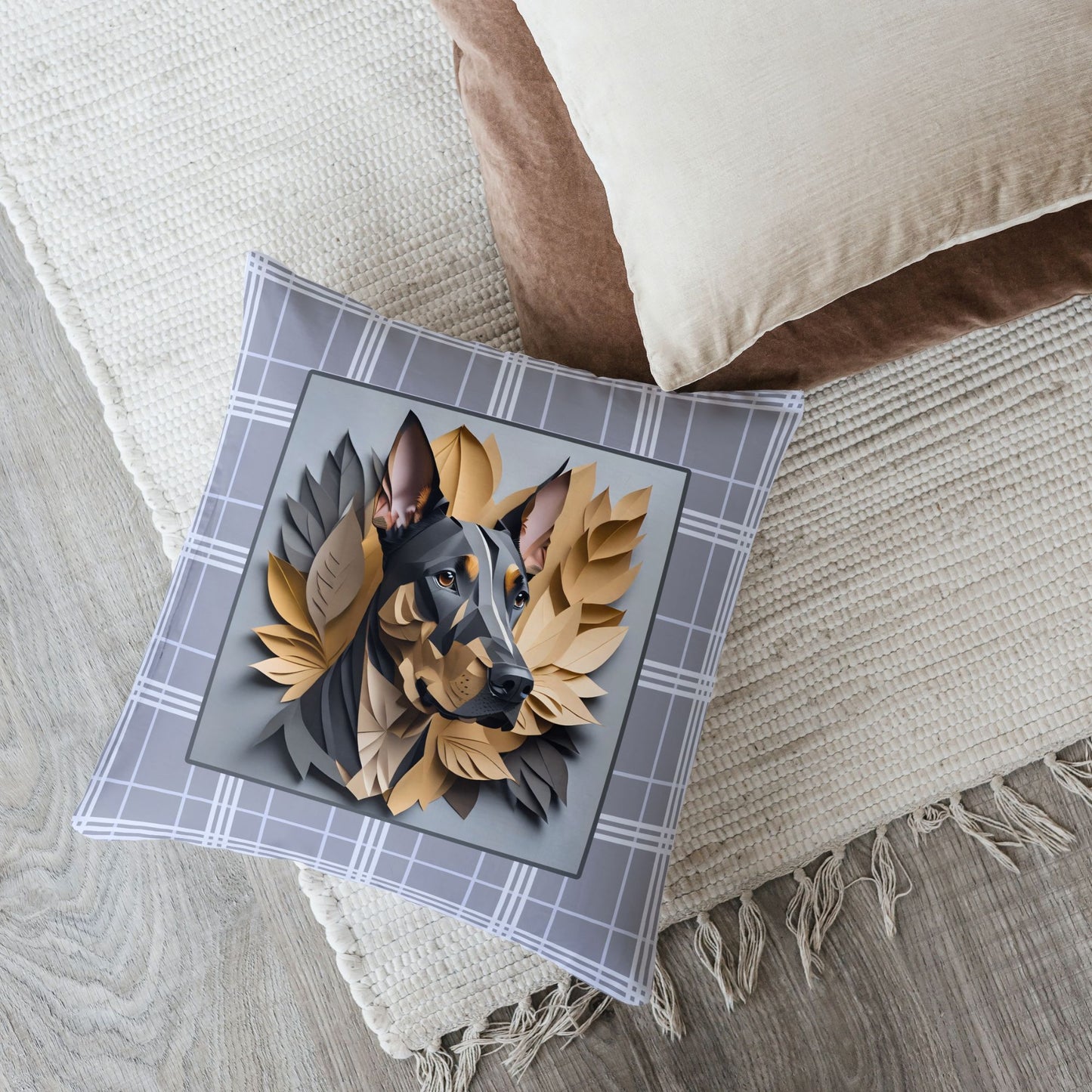 Doberman Gray Plaid Square Pillow - Doberman Owner Birthday Housewarming Gift
