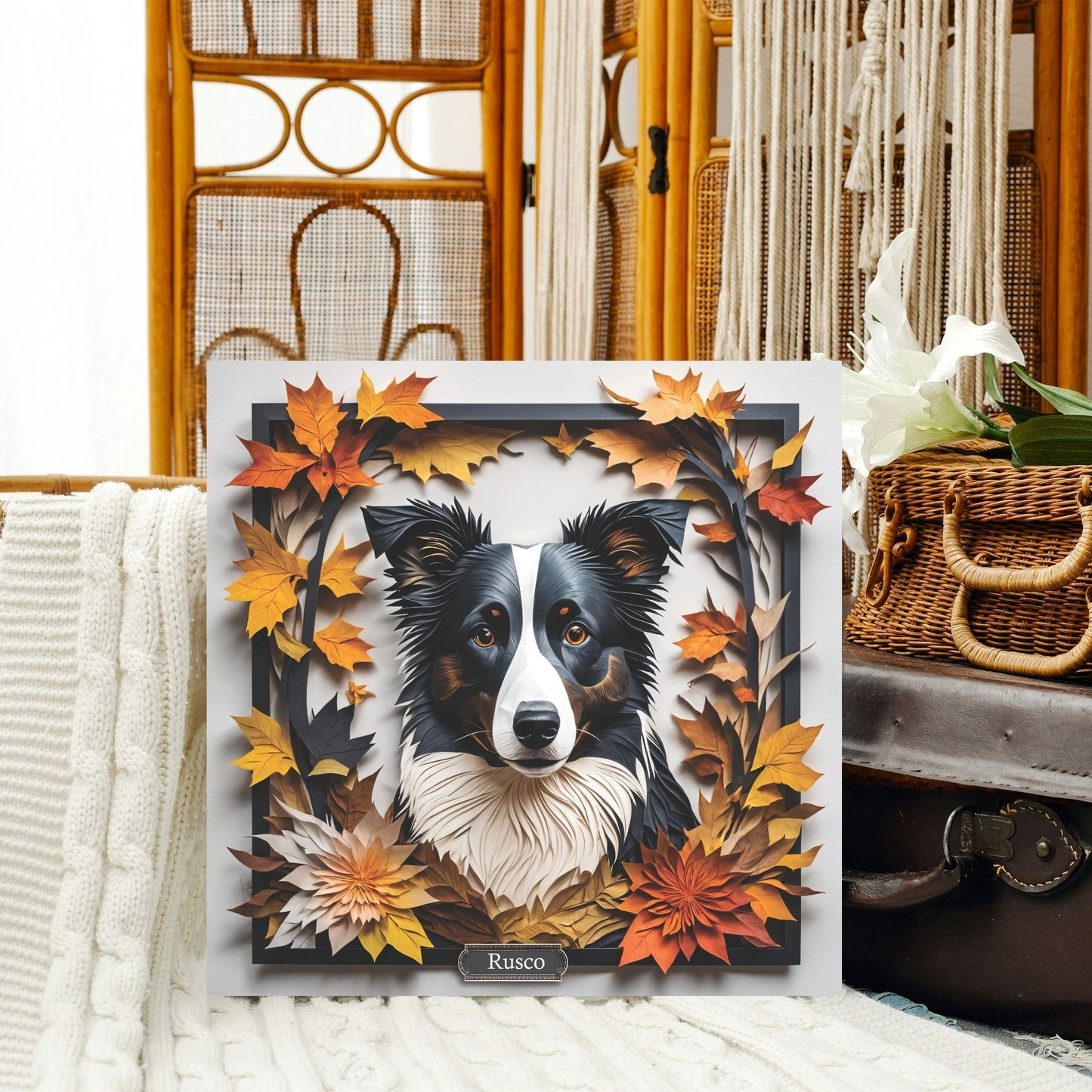 Border Collie Fall Portrait - 3D Illusion Art with Name Personalization