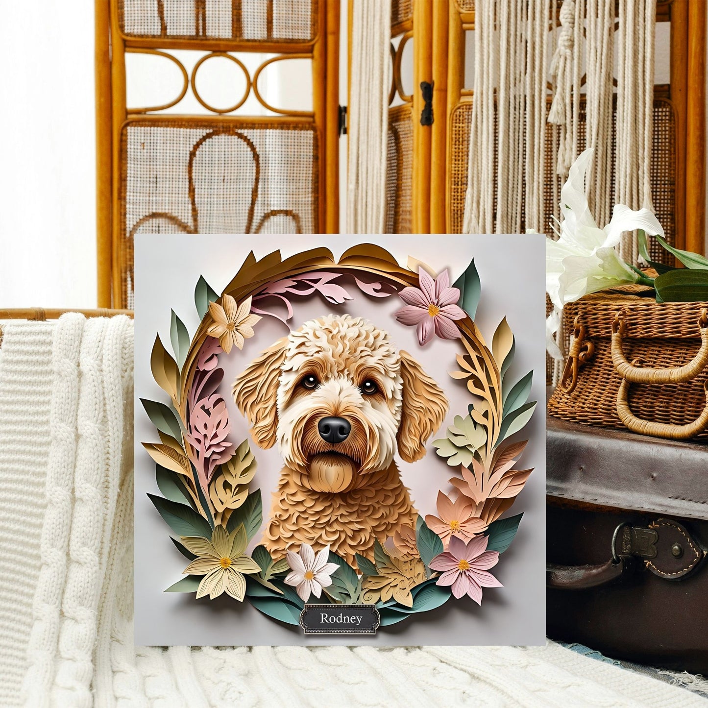 Labradoodle or Golden Doodle Portrait Floral Art - 3D Illusion Canvas Print With Name Personalization