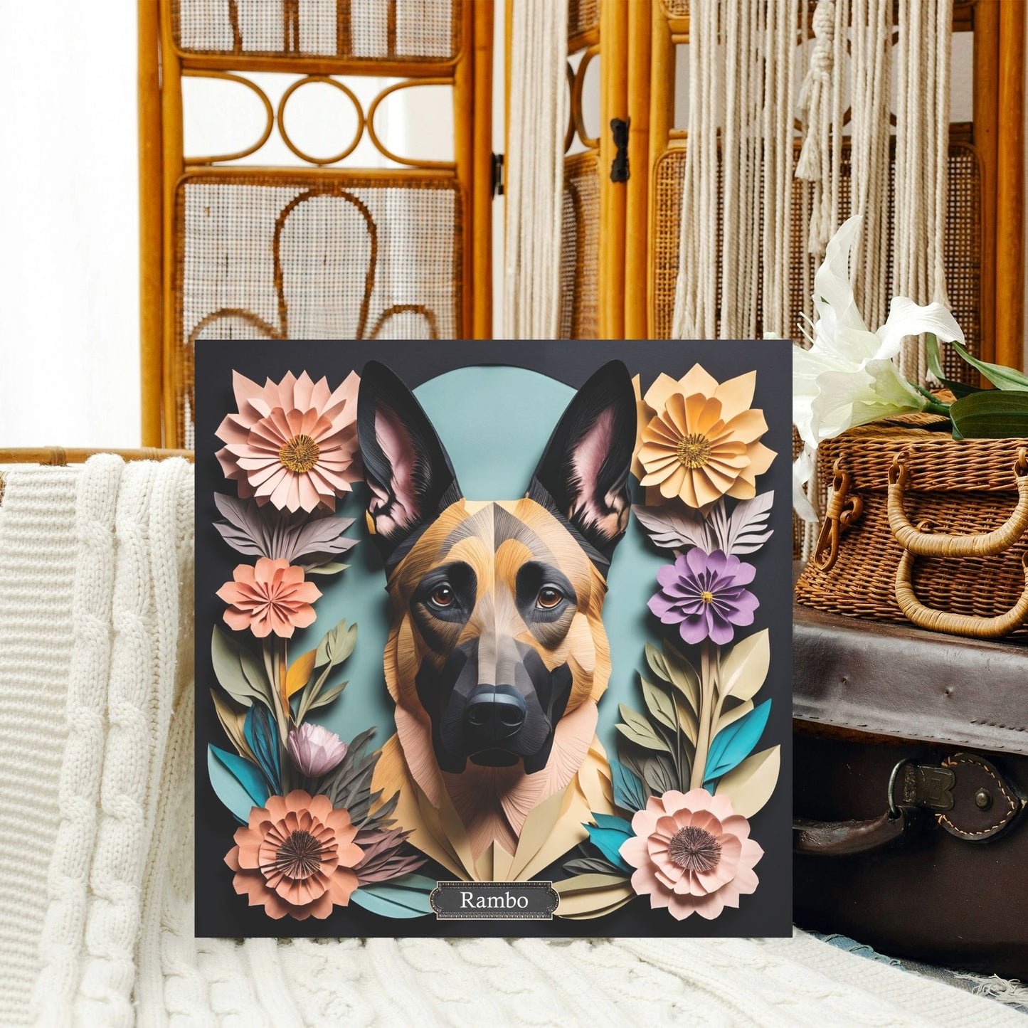 Belgian Malinois Portrait in Vintage Papercut Imitation Art Style