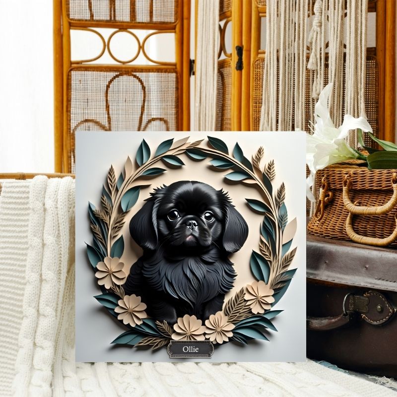 Black Pekingese in a Wreath Canvas Wrap - Pekingese Dog Memorial Gift or Decor