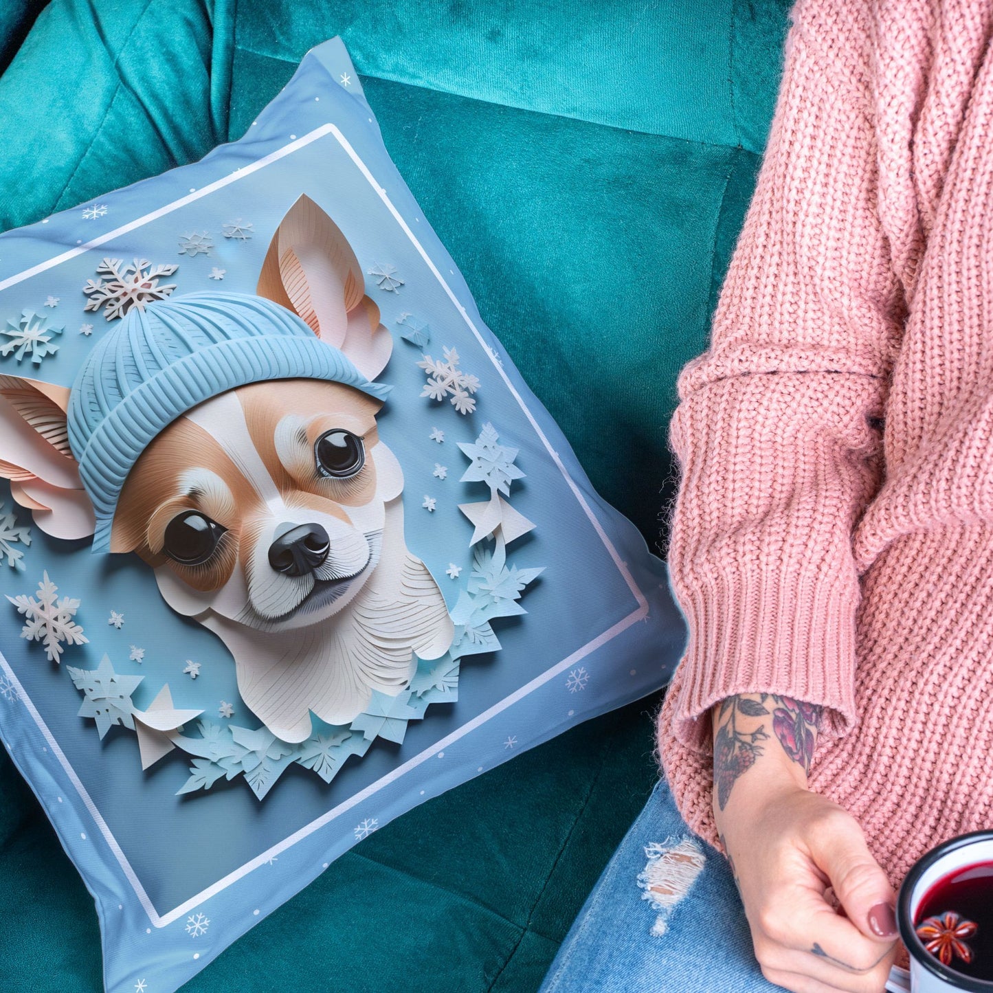 Winter Chihuahua Pillow, Seasonal Dog Lover Home Decor, Chihuahua Lover Comfort Gift