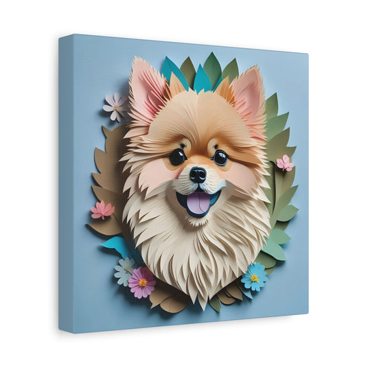 Pomeranian Wall Art Canvas - Faux Papercut Dog Portrait with Greenery and Flowers