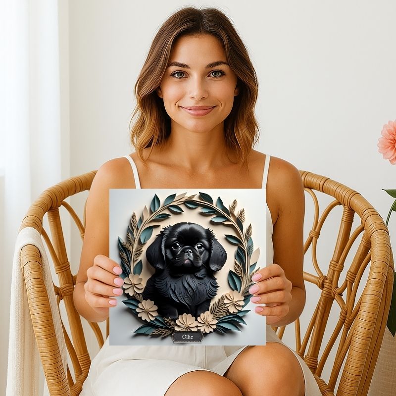 Black Pekingese in a Wreath Canvas Wrap - Pekingese Dog Memorial Gift or Decor