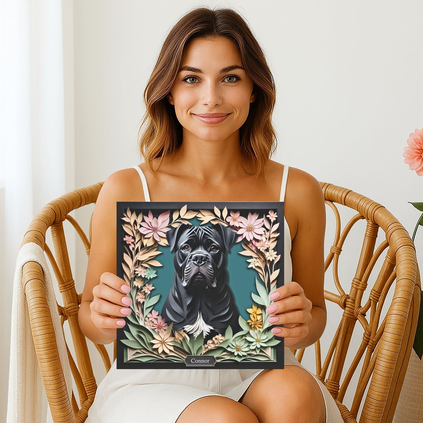 Black Cane Corso with Natural Ears - 3D Illusion Personalized Dog Portrait Gift
