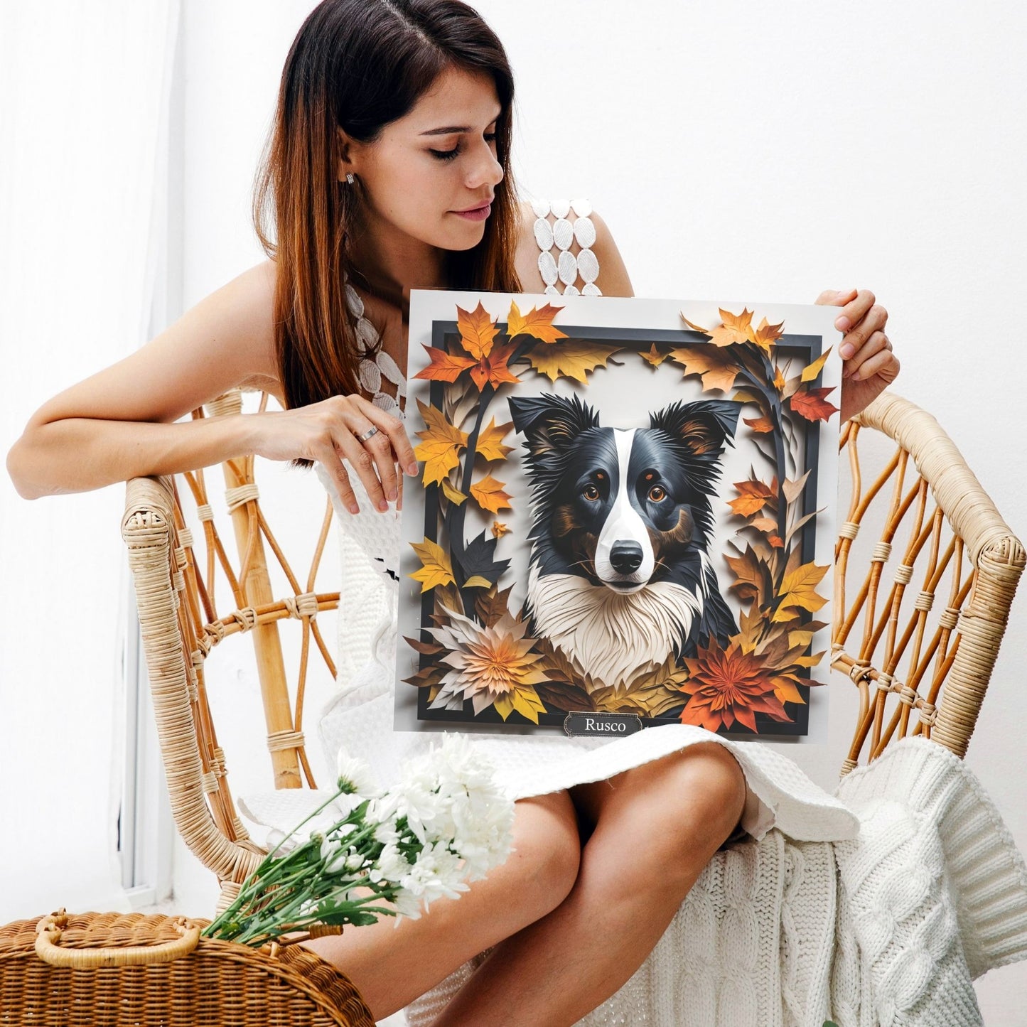 Border Collie Fall Portrait - 3D Illusion Art with Name Personalization