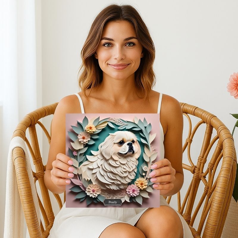 White Pekingese Floral Wall Art - Pekingese Dog Memorial Gift or Decor