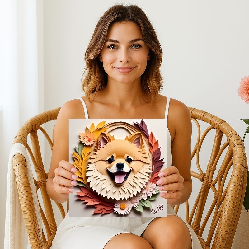 Fall Pomeranian Wall Art Canvas - 3D Illusion Dog Portrait with Flowers