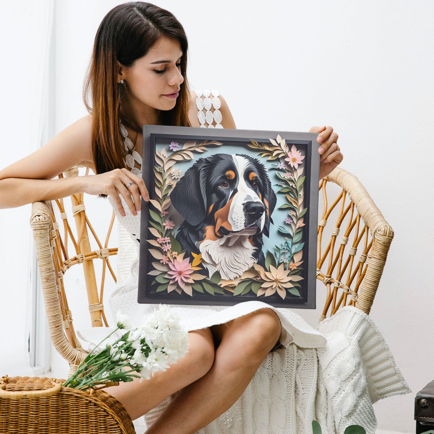 Serene Blossom Bernese Mountain Dog Canvas - Papercut Imitation Wall Art for Modern Home