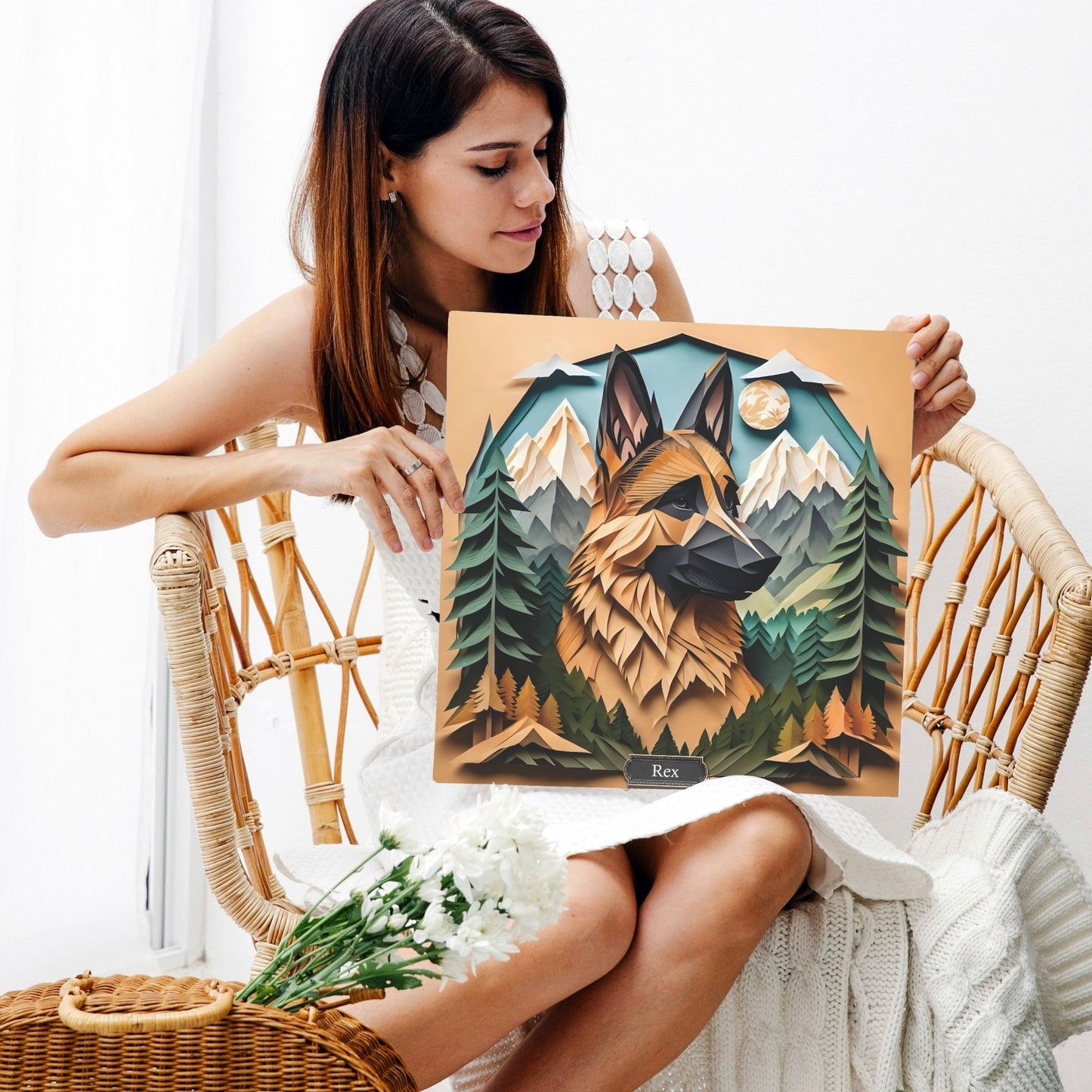 German Shepherd Mountain Portrait Print on Canvas - 3D Illusion Art with Name Personalization