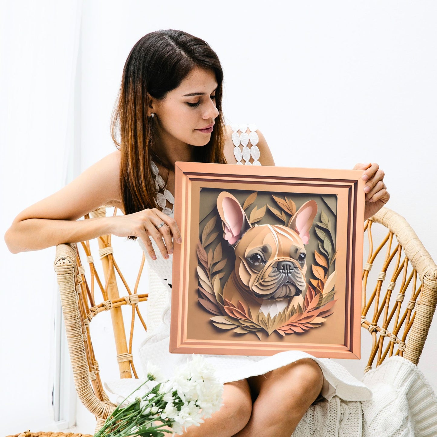 French Bulldog Portrait in Natural Colors - Faux Papercut 3D Illusion Dog Lover Wall Art