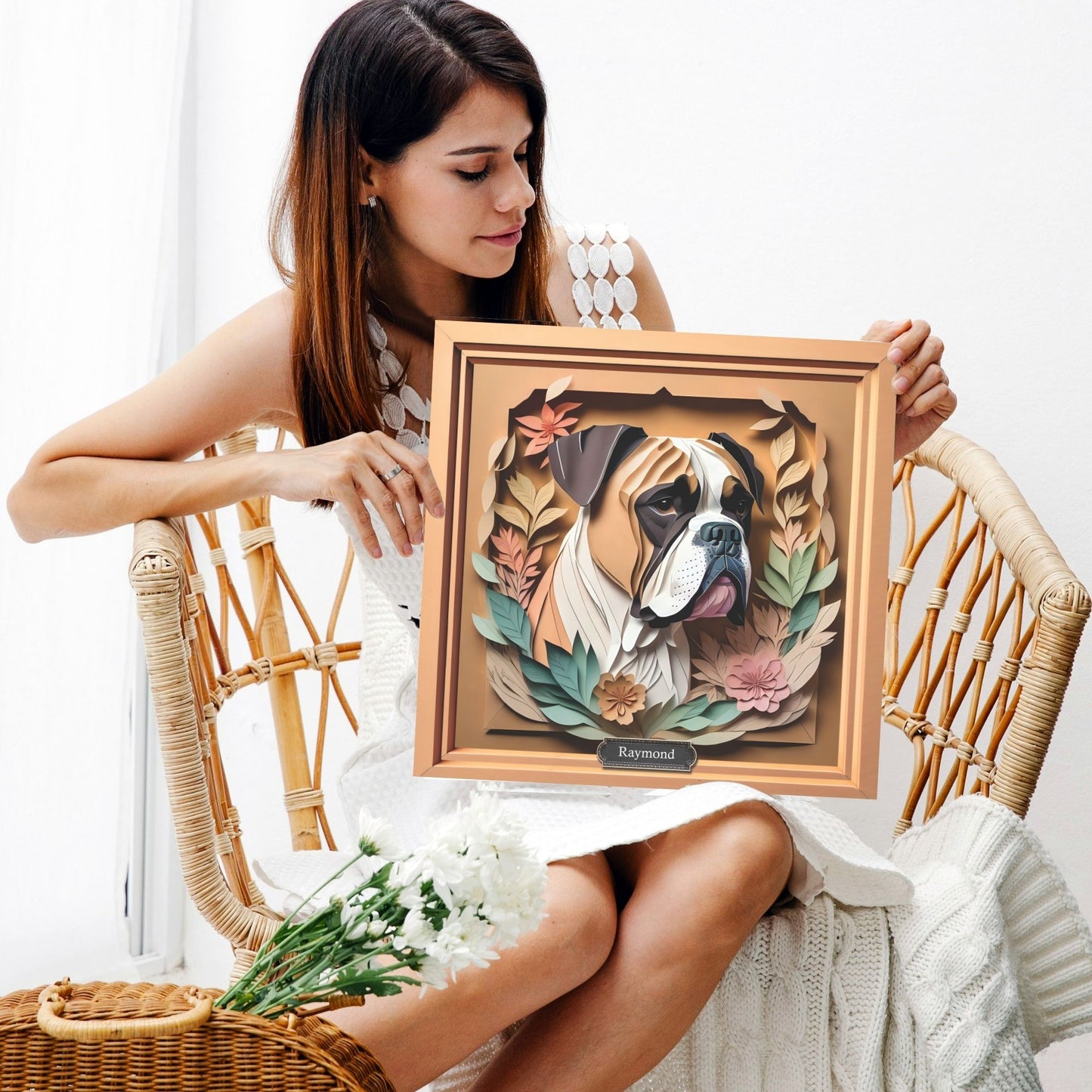Boxer Portrait in Pastel Leaves - Vintage Papercut Imitation Design