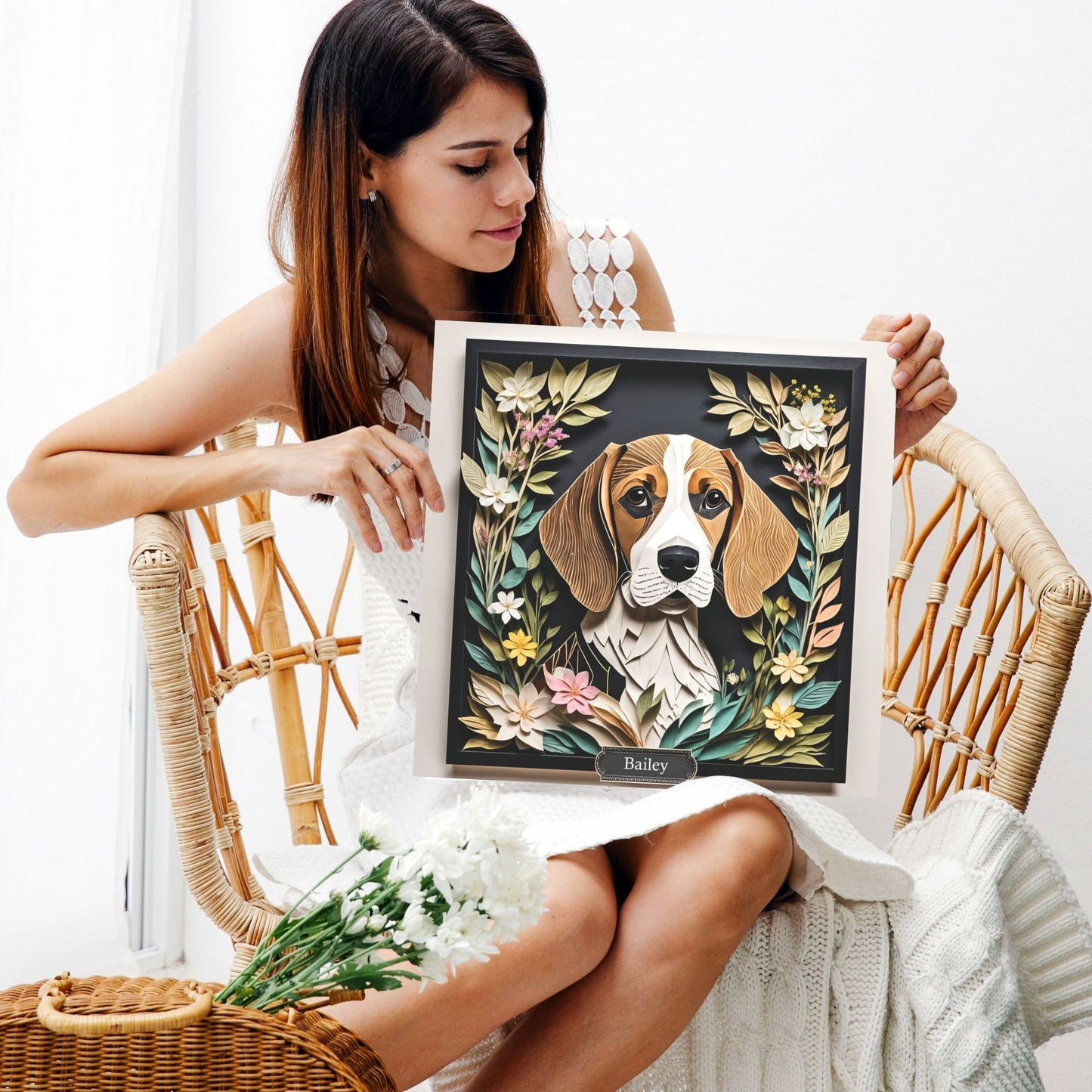 Brown Beagle Canvas Wrap, Beagle in Flower Arrangement Portrait Print, Name Personalization Dog Portrait, Beagle Lover Perfect Gift