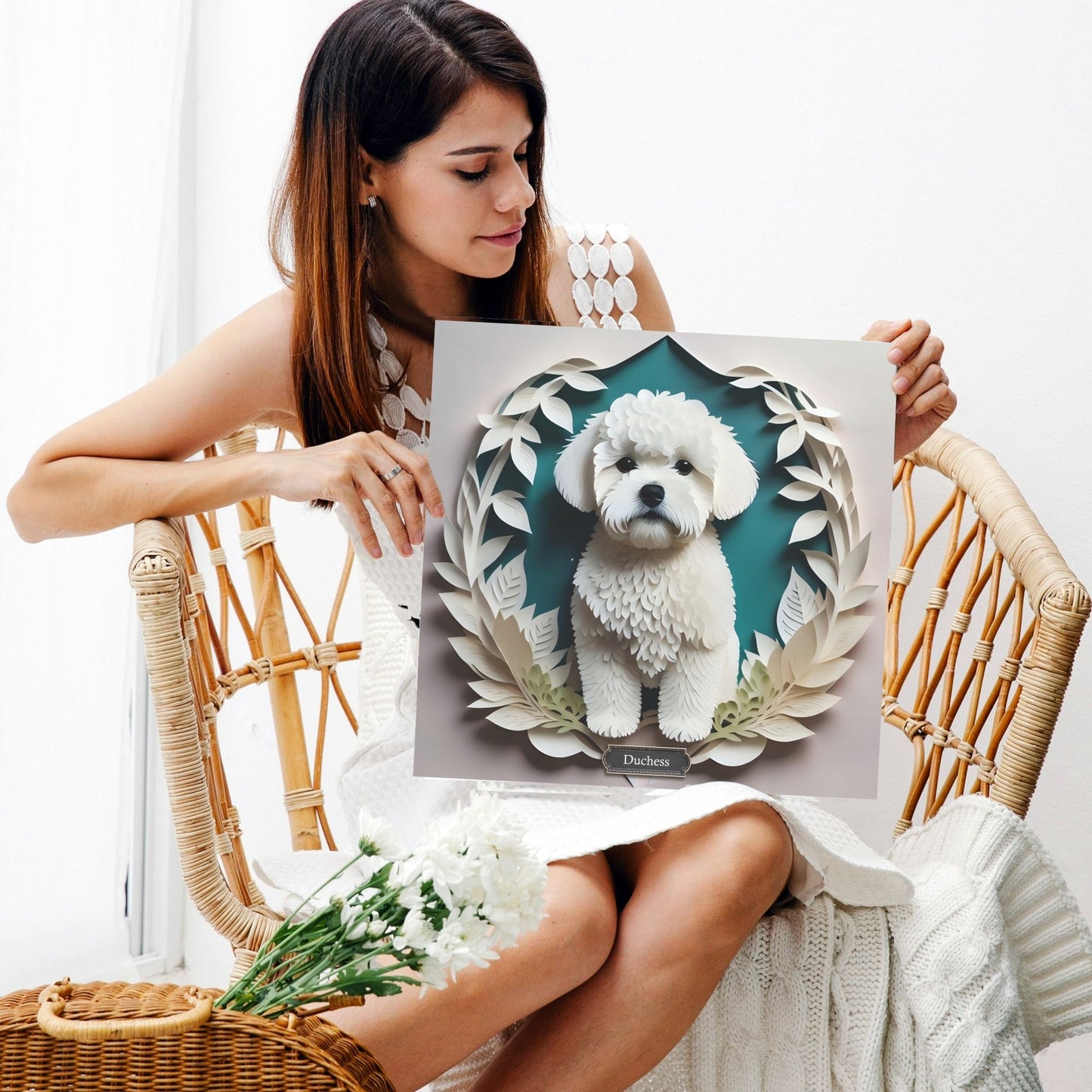 Bichon Frise Portrait in White Leaves - Bichon Mom or Dad Gift