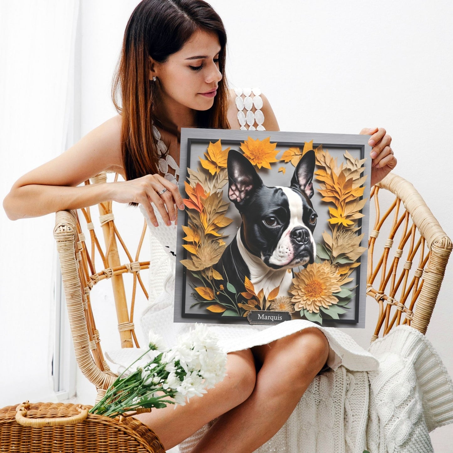 Boston Terrier Fall Art - Canvas Print 3D Illusion Art with Name Personalization
