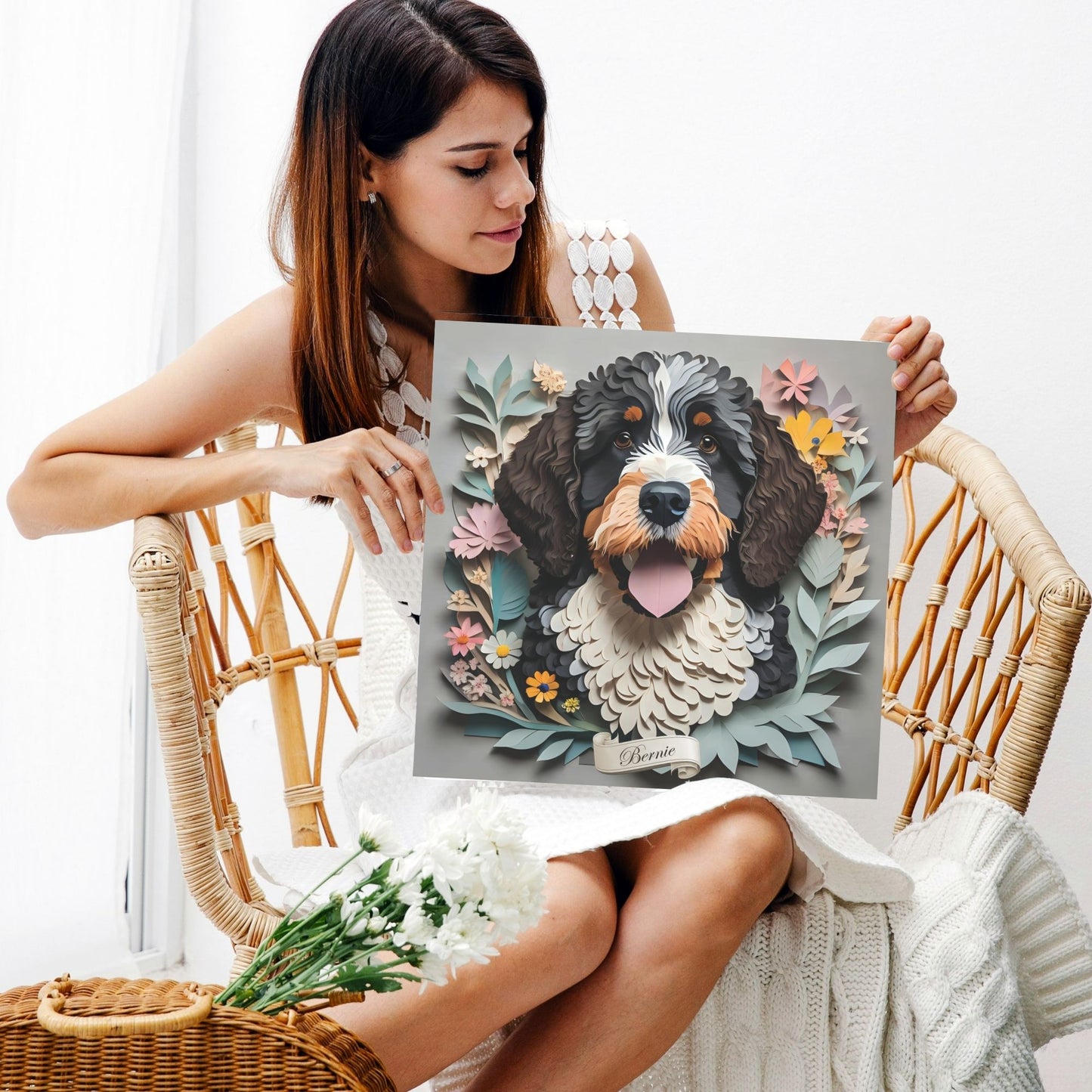 Bernedoodle 3D Illusion Wall Art - Vintage Papercut Imitation Canvas Print