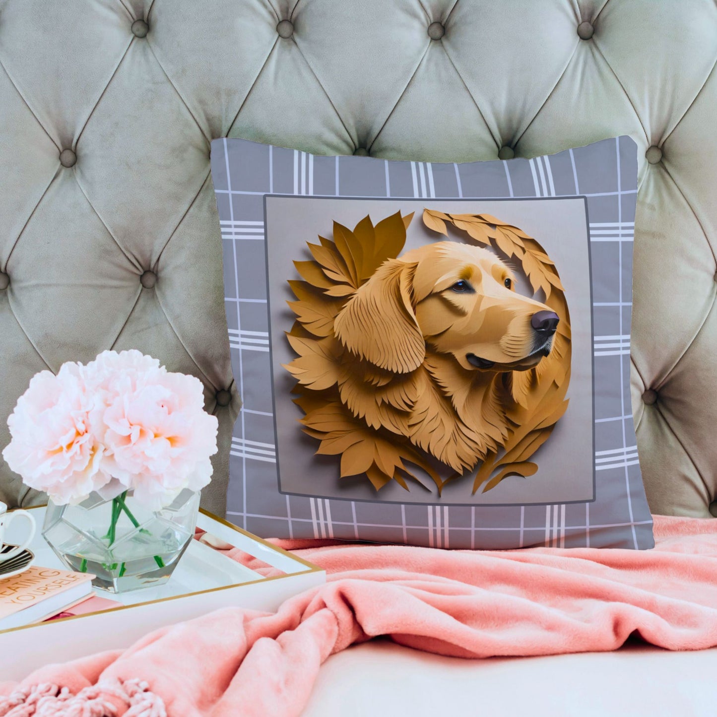 Golden Retriever Gray Plaid Pillow, Golden Retriever Gifts and Home Decor, Golden Retriever Owner Birthday or Housewarming Gift