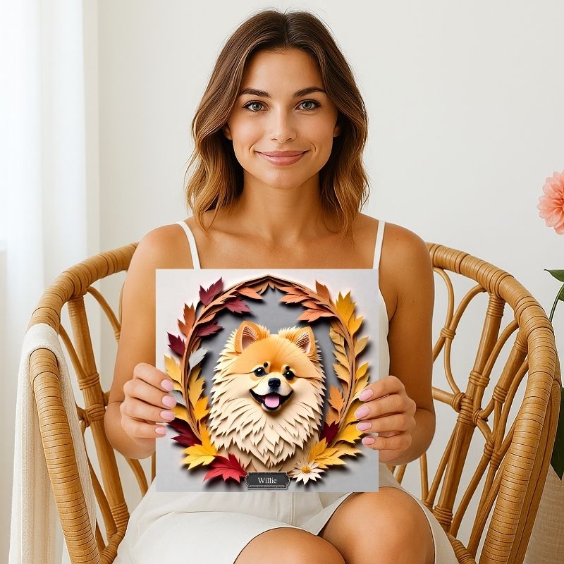Fluffy Pomeranian with Autumn Leaves Canvas Wall Art - Personalized Faux Papercut Style Print