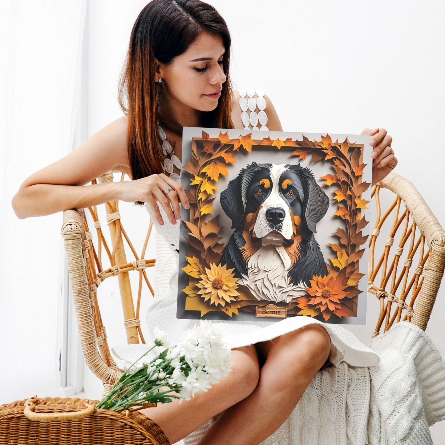 Bernese Mountain Dog Portrait in Fall Leaves, Bernese Mt. Dog Canvas Wrap, 3D Illusion Art with Name Personalization
