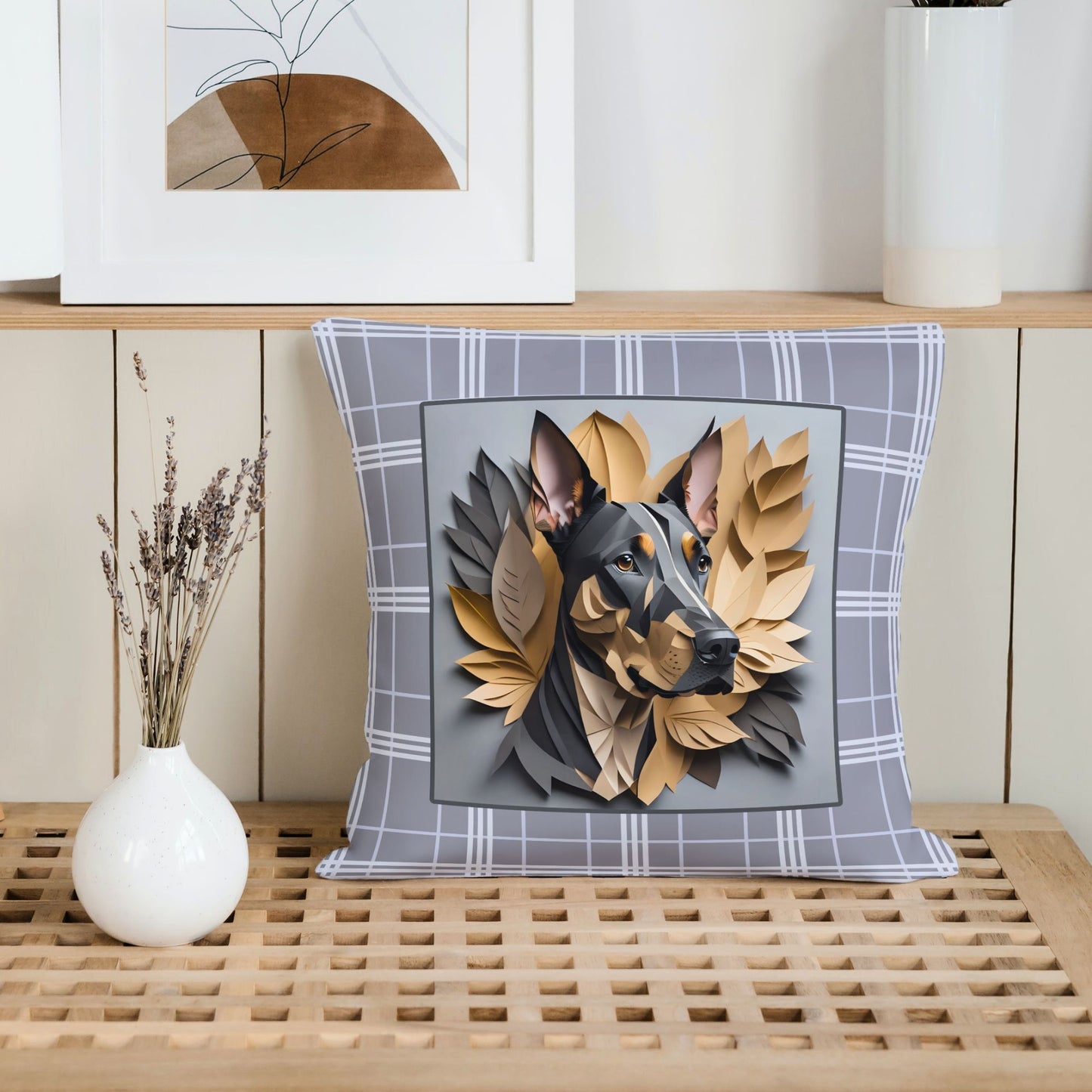 Doberman Gray Plaid Square Pillow - Doberman Owner Birthday Housewarming Gift