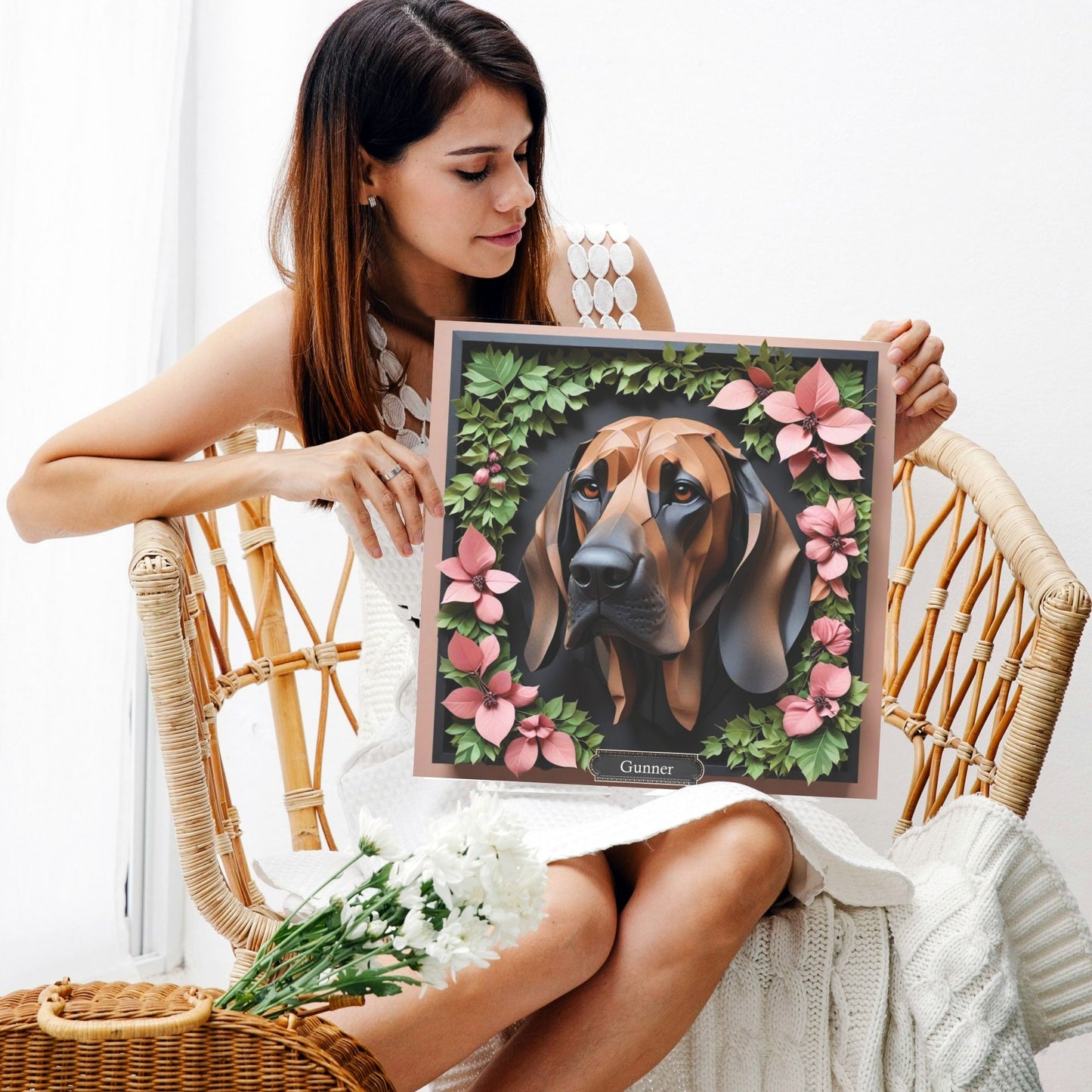 Bloodhound Floral Canvas Print - 3D Illusion Dog Portrait Gift for Pet Lover