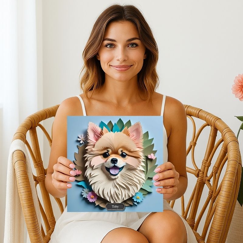 Pomeranian Wall Art Canvas - Faux Papercut Dog Portrait with Greenery and Flowers