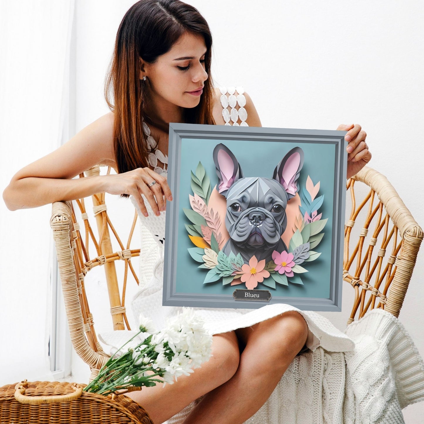 Blue French Bulldog Portrait - Vintage Papercut Imitation Dog Lover Wall Art