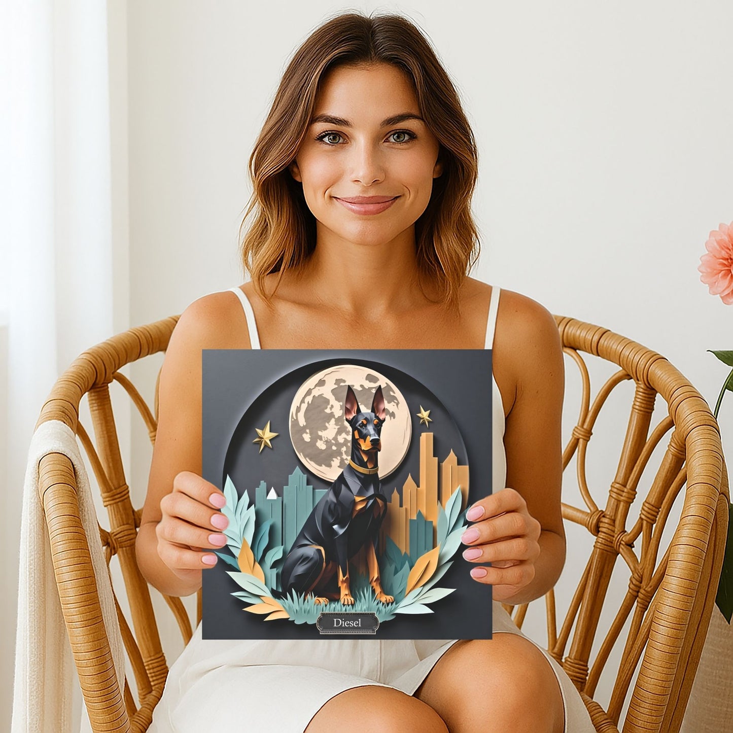 Doberman Wall Art with Moon and Stars - Unique Pet Memorial Home Decor - Dobie Mom or Dad Gift