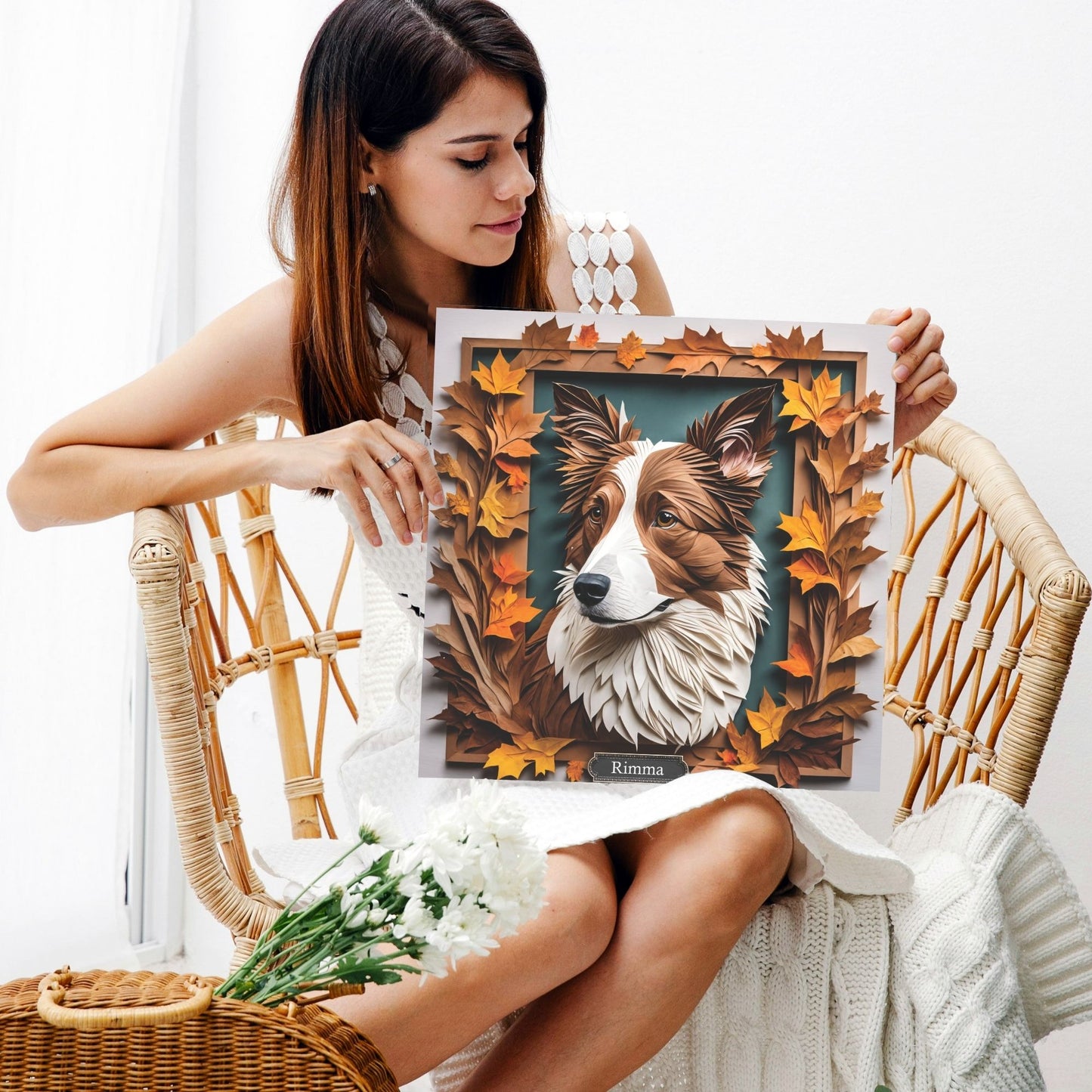 Brown and White Border Collie Fall Art, Canvas Portrait - 3D Illusion Art with Name Personalization