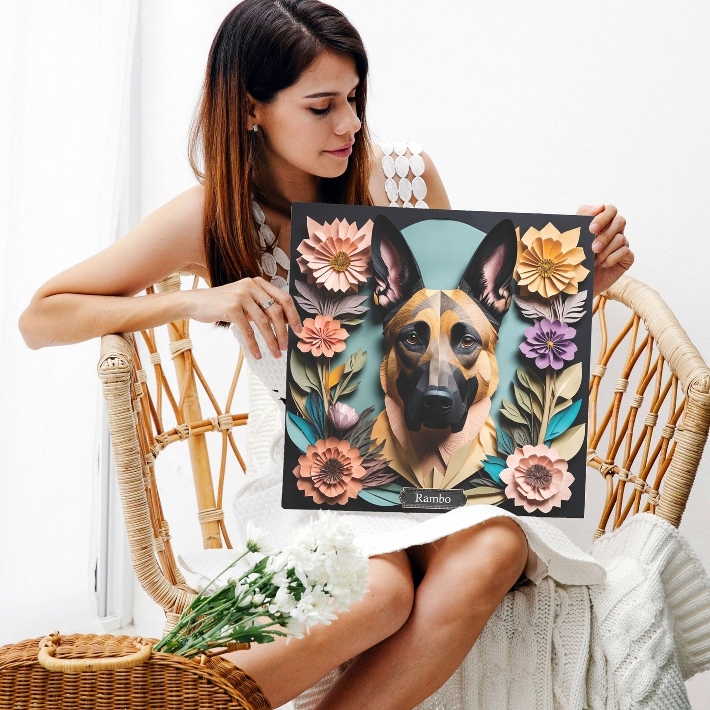 Belgian Malinois Portrait in Vintage Papercut Imitation Art Style