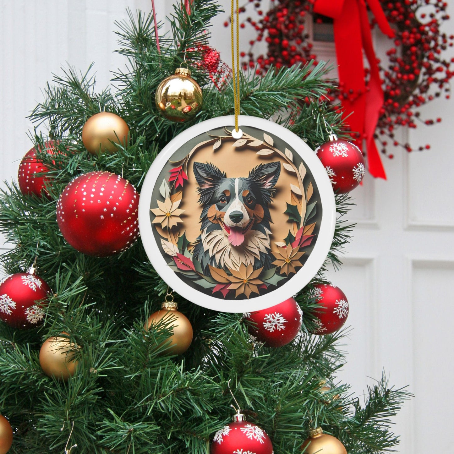 Border Collie Collectible Ceramic Christmas Ornament - Vintage Papercut Inspired Design
