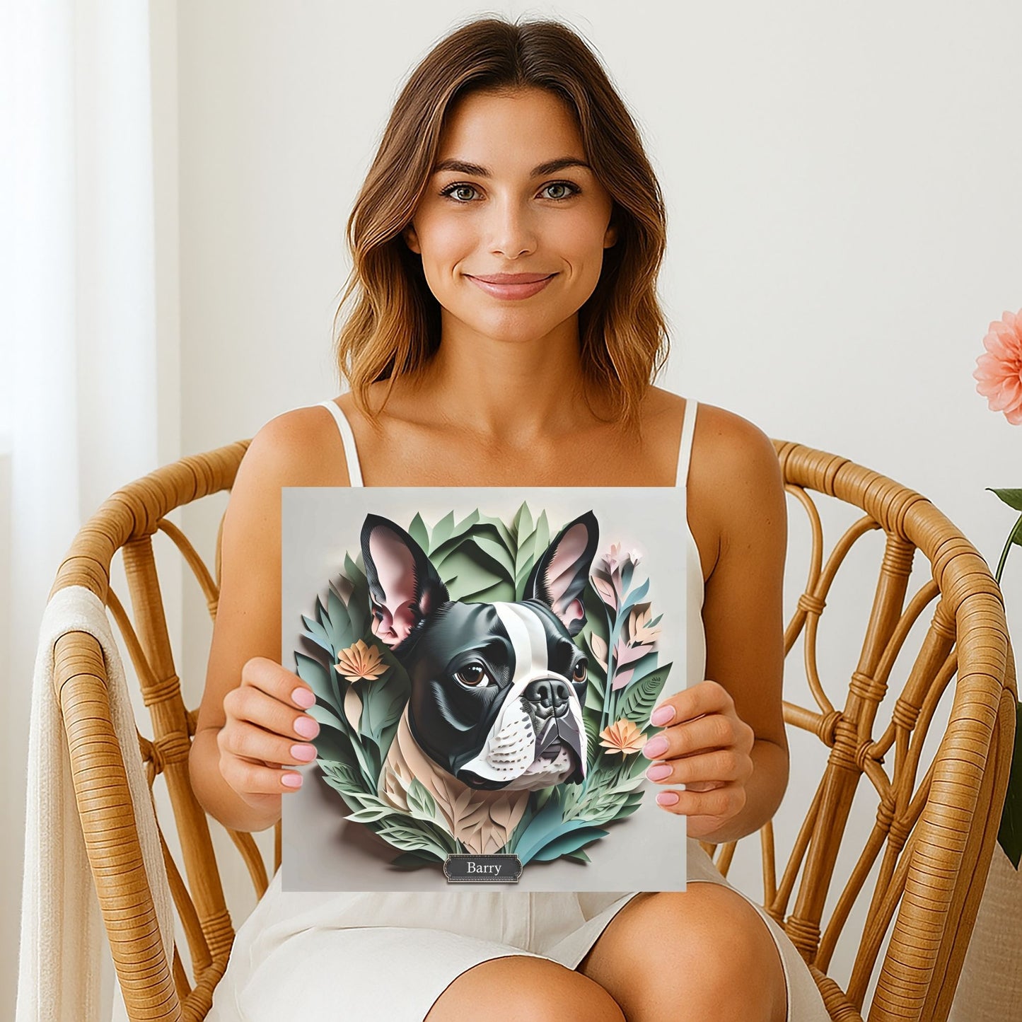 Boston Terrier Portrait with Personalized Name - Floral Canine Art Print on Canvas