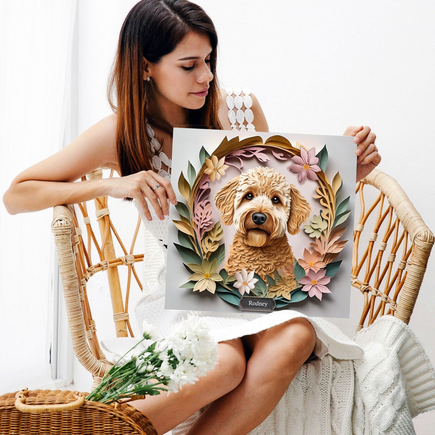 Labradoodle or Golden Doodle Portrait Floral Art - 3D Illusion Canvas Print With Name Personalization