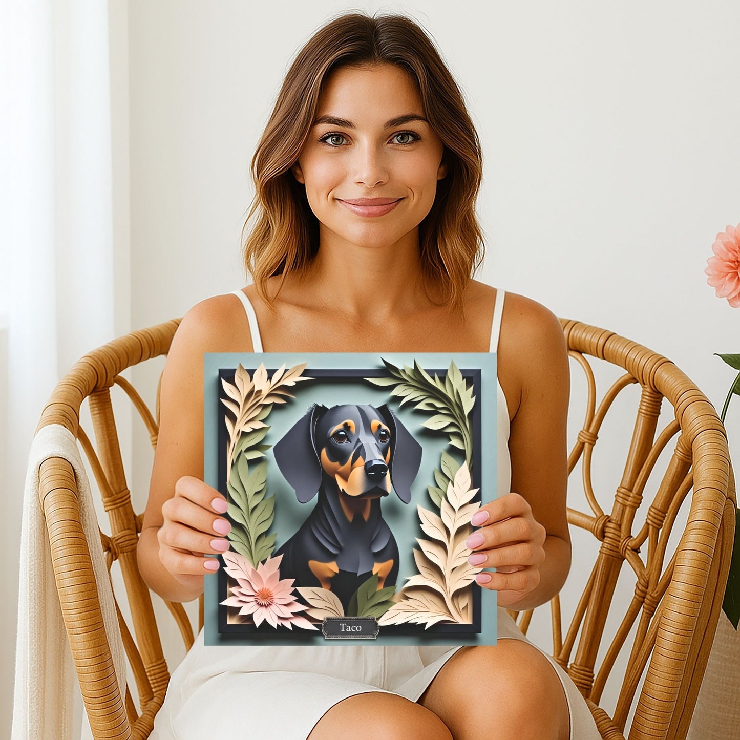 Black Dachshund Botanical Frame Wall Art - Custom Pet Name Artwork