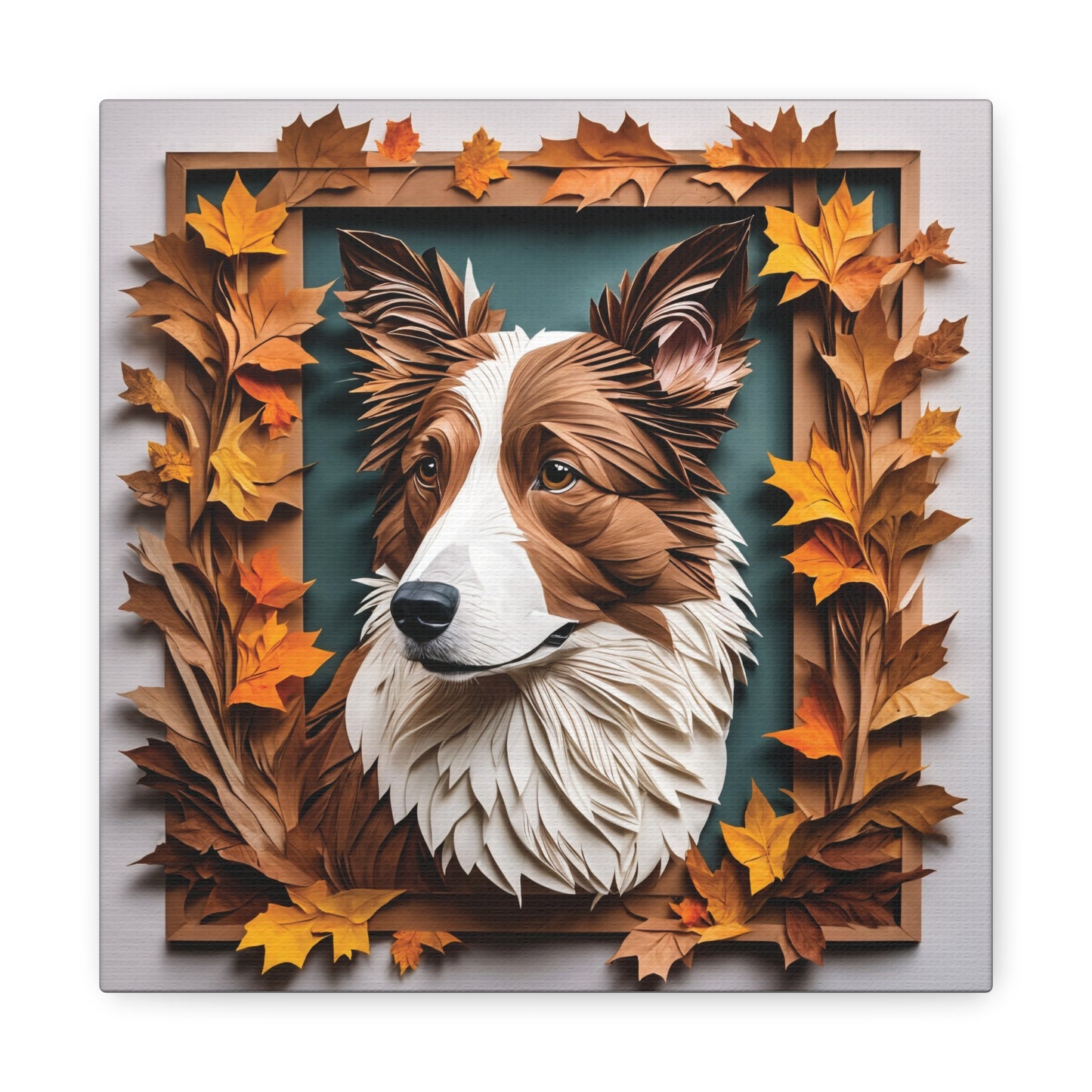 Brown and White Border Collie Fall Art, Canvas Portrait - 3D Illusion Art with Name Personalization