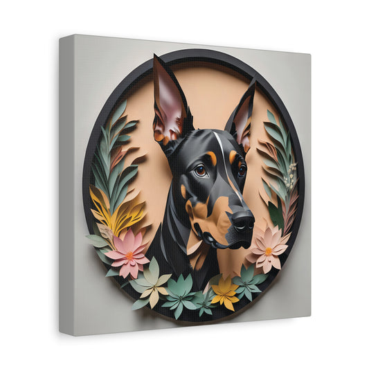 Doberman Portrait in a Circular Black Faux Frame - Dobie Wall Art in Papercut Imitation Style