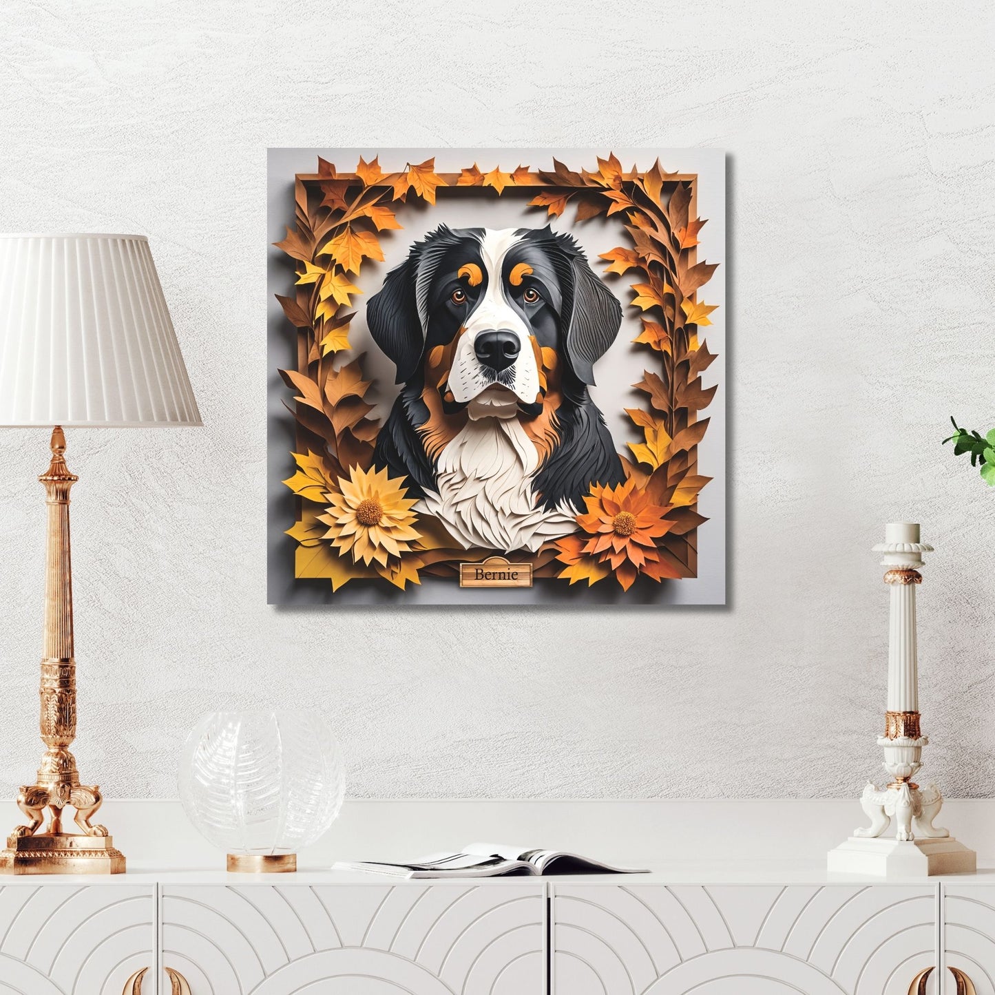 Bernese Mountain Dog Portrait in Fall Leaves, Bernese Mt. Dog Canvas Wrap, 3D Illusion Art with Name Personalization