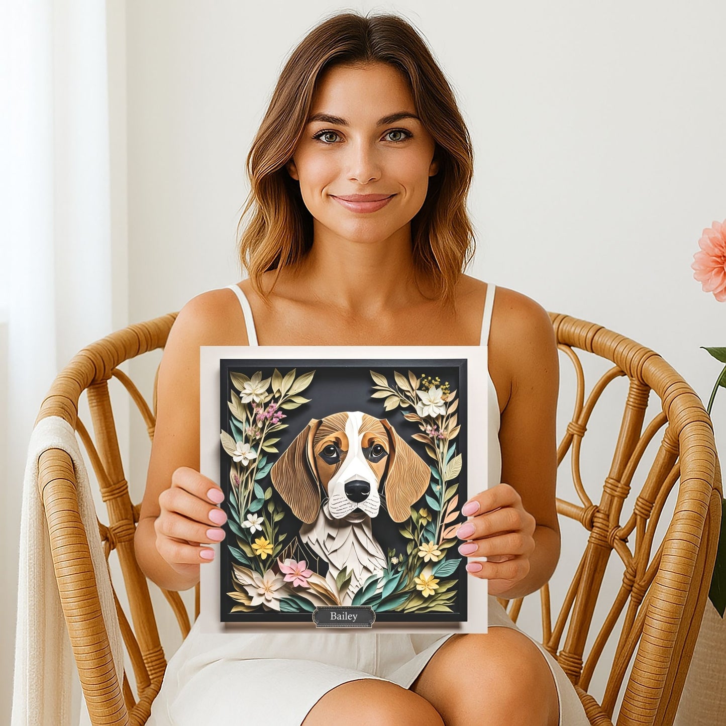 Brown Beagle Canvas Wrap, Beagle in Flower Arrangement Portrait Print, Name Personalization Dog Portrait, Beagle Lover Perfect Gift