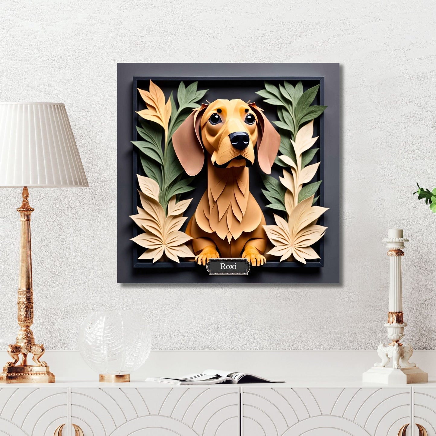 Brown Dachshund Floral Frame Wall Art - 3D Illusion Dog Portrait Canvas