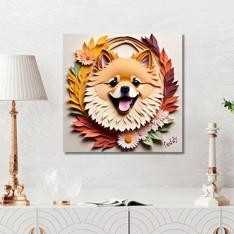 Fall Pomeranian Wall Art Canvas - 3D Illusion Dog Portrait with Flowers
