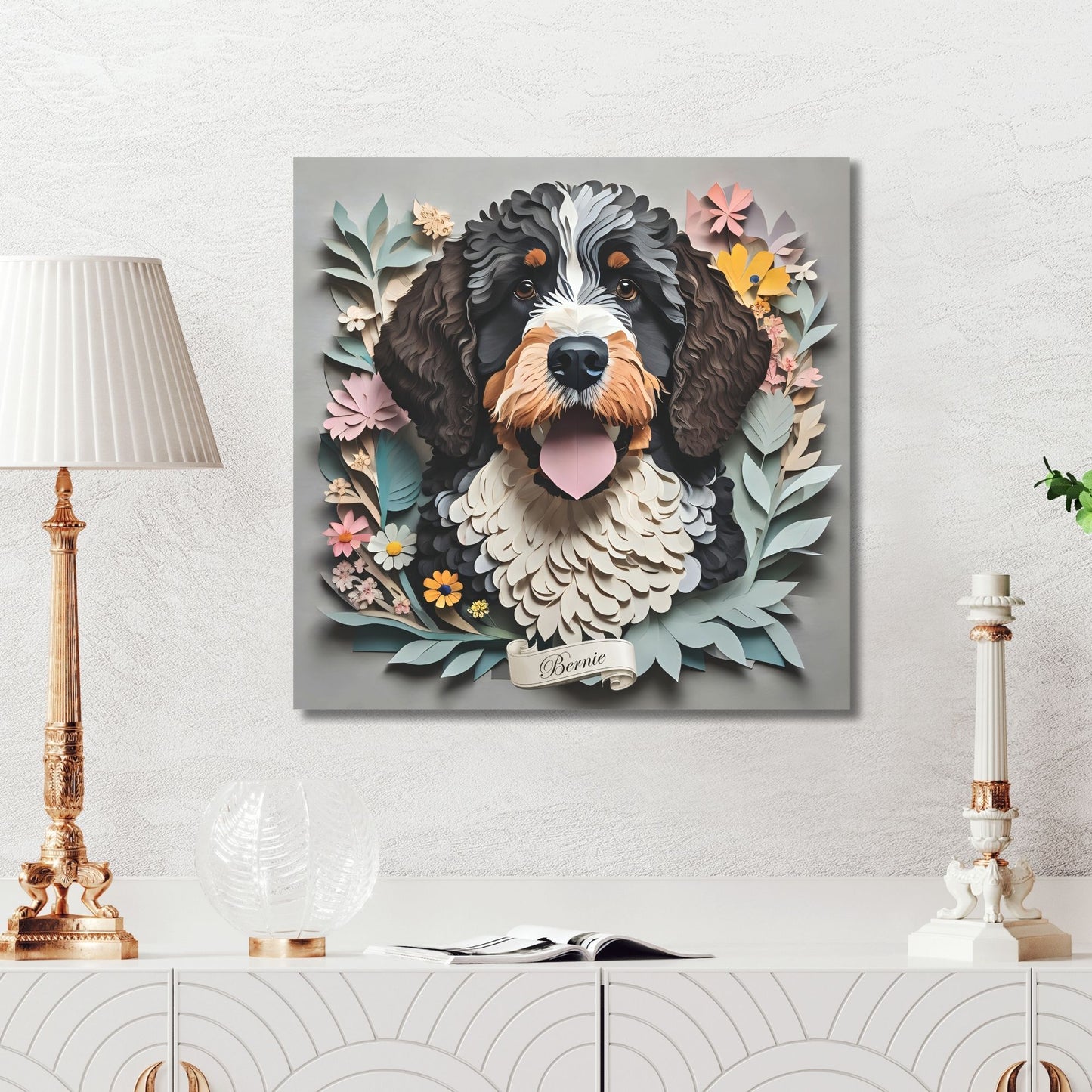 Bernedoodle 3D Illusion Wall Art - Vintage Papercut Imitation Canvas Print