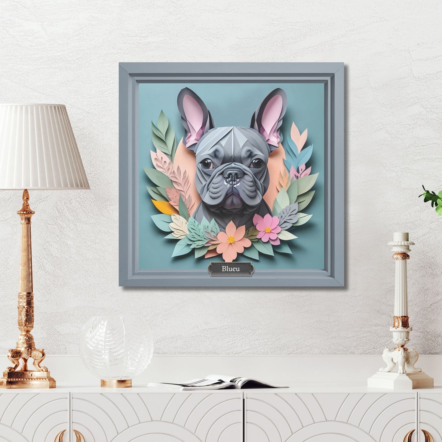 Blue French Bulldog Portrait - Vintage Papercut Imitation Dog Lover Wall Art