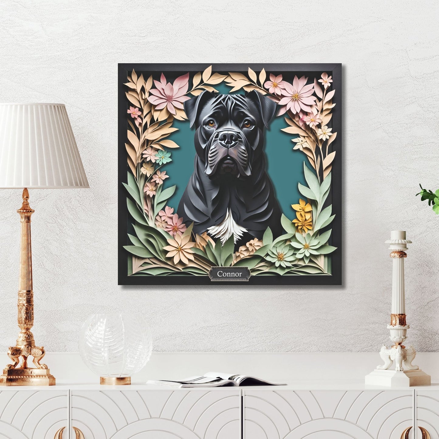 Black Cane Corso with Natural Ears - 3D Illusion Personalized Dog Portrait Gift